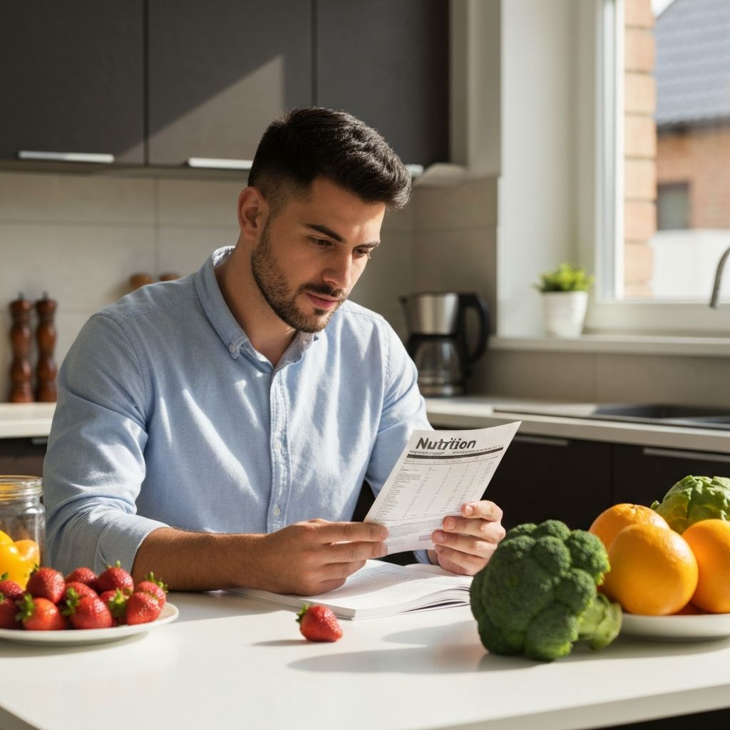 Person reviewing nutrition information with fresh ingredients